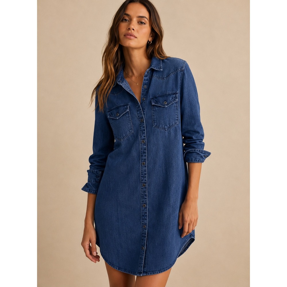 Rails Chambray Mini Dress Women Sz XS Dark Blue Shirt Dress Button Front Western